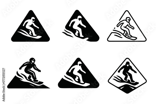 Volcano Boarding Logos. Volcano boarding. Set Logo of Volcano boarding: rider carving ash slope. harmonious logo variations of the same emblematic concept,