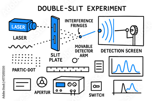 Double-Slit Experiment Doodle. Double-slit experiment. Hand-drawn doodle illustration double-slit experiment [laser module (accented), slit plate (accented),