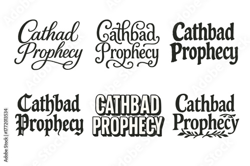 Harmonious Lettering Variations. Cathbad Prophecy. Set lettering. harmonious lettering variations of the same emblematic concept, each with different artistic