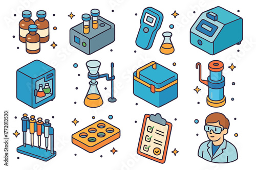 Wastewater Lab Icons. Wastewater laboratory testing. Colorful isometric vector icons set of Wastewater laboratory testing: BOD bottles, COD reactor, turbidity
