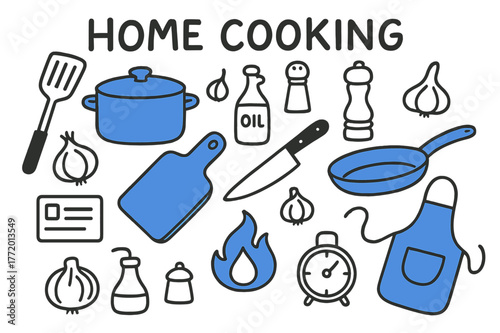 Home Cooking Essentials. // Home cooking. Hand-drawn doodle illustration Home cooking [pot (accented), skillet (accented), spatula, cutting board (accented),