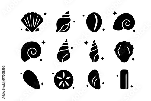 Seashell Icon Grid. Seashells. Solid icons set of Seashells: scallop shell, conch shell, cowrie shell, clam shell, nautilus shell, whelk shell, auger shell,