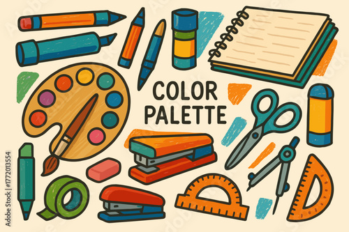 Vibrant Art Supplies. Color Palette. Hand-drawn doodle illustration Color Palette, colored paintbrush, accented pencil, colored marker, colored