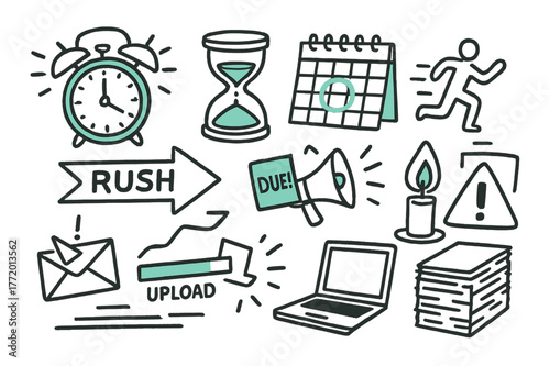 Deadline Rush Icons. // Deadline crunch. Hand-drawn doodle illustration Deadline crunch [alarm clock (accented), hourglass (accented), calendar with red circle