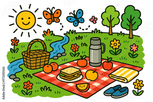 Riverside Picnic Fun. Riverside picnic. Colorful Hand-drawn doodle Children illustration Riverside picnic picnic blanket, basket, fruit, sandwiches, thermos,