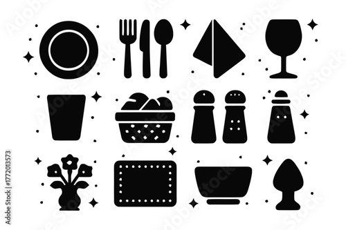 Dining Icons Grid. Dining Essentials. Solid icons set of Dining Essentials: plate, fork, knife, spoon, napkin, wine glass, water glass, bread basket, salt