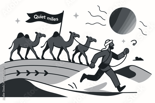 Desert Caravan Journey. Desert caravan. Camels pace across a dune ridge like notes on a staff; heat waves curl around a bold sun. A small flag reads ?Quiet