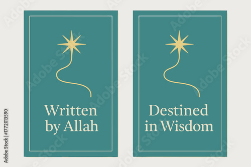 Heavenly Destiny Banners. Qadr. Two vertical A6 banners with safe margins, centered composition, no elements touching edges, minimal, turquoise and gold, path