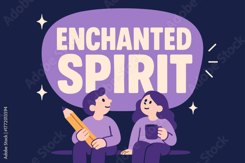 Enchanted Spirit Banner. Enchanted spirit banner, flat vector illustration, bold oversized text inside rounded blob, cartoon characters sitting and gazing