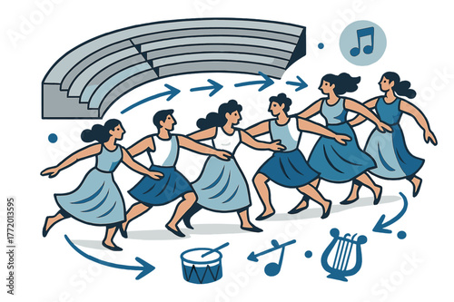 Dynamic Dance Symphony. Amphitheater ? Chorus in Motion. Dancers sweep in a semicircle; arrows trace their synchronized steps. Drums and lyre icons pulse at