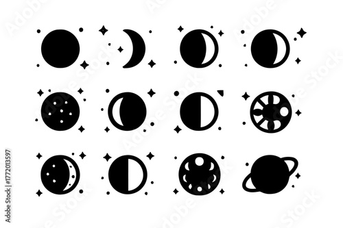Lunar Phases Icons. Lunar phases. Solid icons set of Lunar phases: new moon, waxing crescent, first quarter, waxing gibbous, full moon, waning gibbous, last
