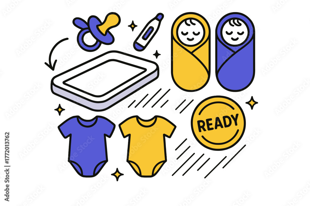 Fototapeta premium Newborn Essentials Grid. Newborn essentials. A changing mat, swaddles, and tiny onesies click into a tidy grid; ?Ready? stamp pops. A pacifier and thermometer