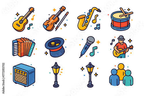 Street Performer Icons. Street performer. Colorful isometric vector icons set of street performer: guitar, violin, saxophone, drum, accordion, hat for tips,