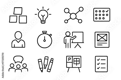 Workshop Icon Set. Workshop and Brainstorming. Line icon set of Workshop and Brainstorming: sticky notes, idea lightbulb, mind map, dot voting, facilitator,