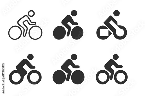 Cyclist Logo Variations. Person on bicycle. Set Logo of Person on bicycle: cyclist in motion. harmonious logo variations of the same emblematic concept, each