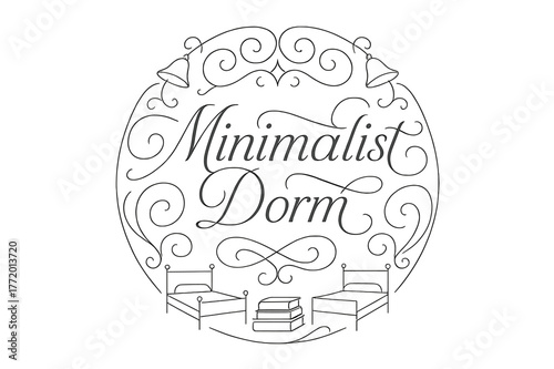 Flourished Minimalist Dorm Design. Minimalist Dorm ? Flourish Lettering; elegant high-contrast serif with medium swashes and balanced curls; circular
