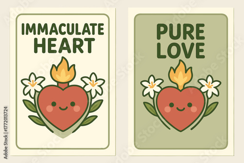 Kawaii Heart Love Banners. Immaculate Heart. Two vertical A6 banners with safe margins, centered composition, no elements touching edges, kawaii, olive green