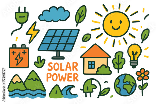 Solar Power Doodle. Solar Power. Colorful Hand-drawn doodle Children illustration Solar Power solar panel, sun, rays, house, battery, plug, cloud, leaf, light