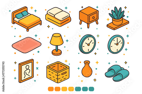 Minimalist Bedroom Icons. Minimalist bedroom design. Colorful isometric vector icons set of Minimalist bedroom design: platform bed, linen bedding, nightstand,