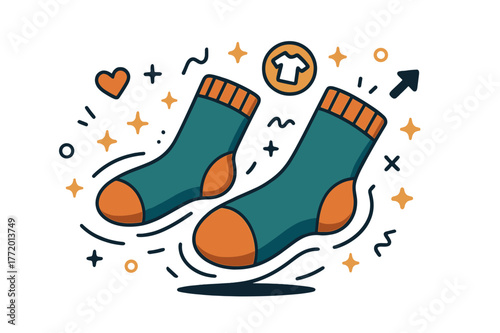 Stylish Socks Scene. Socks. Pair of socks rolling on floor with abstract floating icons, lines, and sparkles; emphasizes casual lifestyle, comfort, and