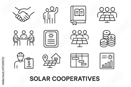 Solar Cooperative Icons. Solar cooperatives. Line icon set of solar cooperatives: cooperative handshake, member vote, bylaws book, board meeting, equity share,