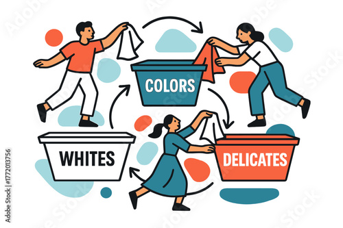 Efficient Laundry Organization. Organizing Laundry Baskets. Three geometric bins labeled ?Whites,? ?Colors,? and ?Delicates? form a tidy triangle. Floating