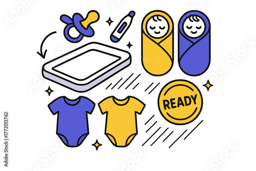 Newborn Essentials Grid. Newborn essentials. A changing mat, swaddles, and tiny onesies click into a tidy grid; ?Ready? stamp pops. A pacifier and thermometer