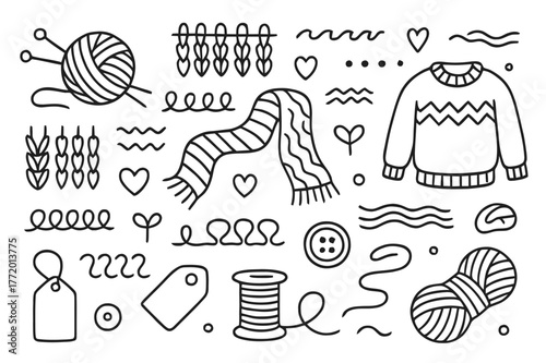 Knitted Pattern Elements. Knitted patterns. Hand-drawn doodle illustration knitted patterns yarn ball, needles, loops, stitch lines, sweater, scarf, zigzag,