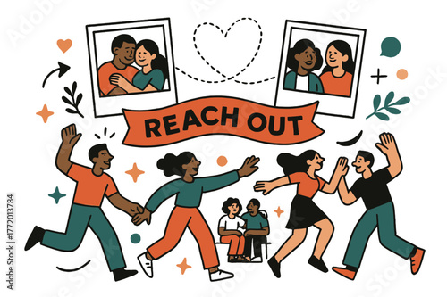 Community Connections. Vision Board ? Relationships & Community. Polaroids show shared moments; dotted heart lines connect photos in a loop. Caption ?Reach