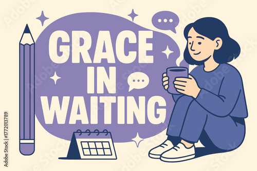 Grace in Waiting Banner. Grace in Waiting banner, flat vector illustration, bold oversized text inside rounded blob banner, cartoon characters sitting and