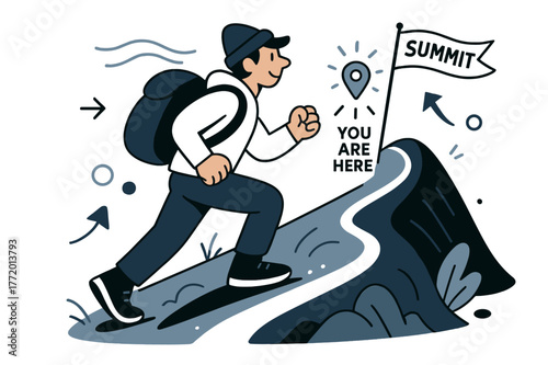 Summit Adventure Icon. Backpacking the ridge. He crests a trail as flags flick ?Summit?; wind lines ribbon past his hat. A tiny map icon marks ?You are here?