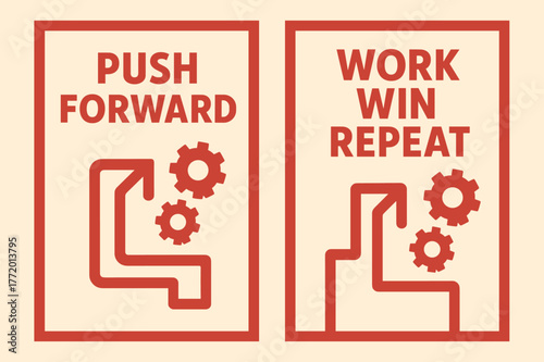 Push Forward Banners. Push forward. Two vertical A6 banners with safe margins, centered composition, no elements touching edges, flat vector design, red and