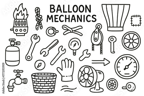 Balloon Mechanics Icons. Balloon mechanics. Hand-drawn doodle illustration Balloon mechanics flame burner, gas tank, rope knot, pulley, fabric panel, patch,