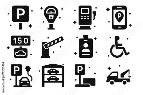 Parking Icons Collection. Parking management. Solid icons set of parking management: parking sign P, parking meter, ticket machine, parking app, occupancy