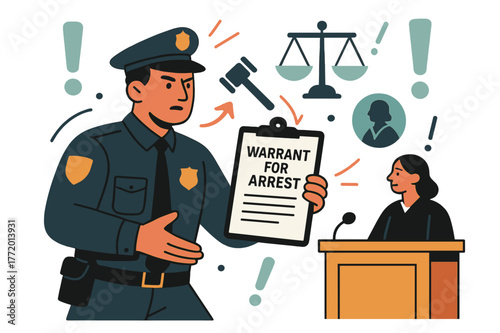Authority in Motion. Warrant for arrest. Law enforcement officer presenting arrest warrant in courtroom with abstract floating legal icons and exclamation