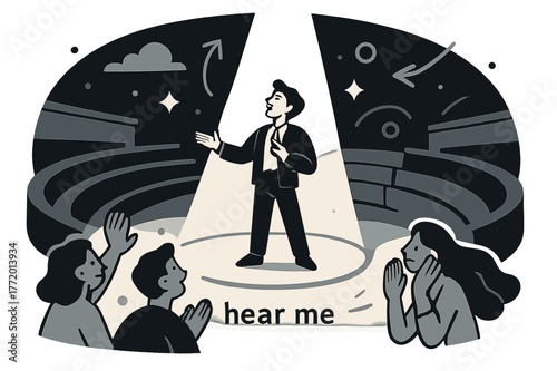 Spotlight Performance. Amphitheater ? Spotlight Monologue. A lone actor stands center stage; a clean cone of light slices the dusk. Whispered caption ?hear me?