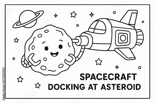 Spacecraft Docking Adventure. Spacecraft docking at asteroid children?s coloring book illustration, outlined drawing, gentle clamp arms from a ship holding an