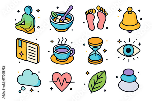 Mindfulness Icons Grid. Mindfulness exercises. Colorful isometric vector icons set of mindfulness exercises: body scan silhouette, mindful eating bowl, mindful