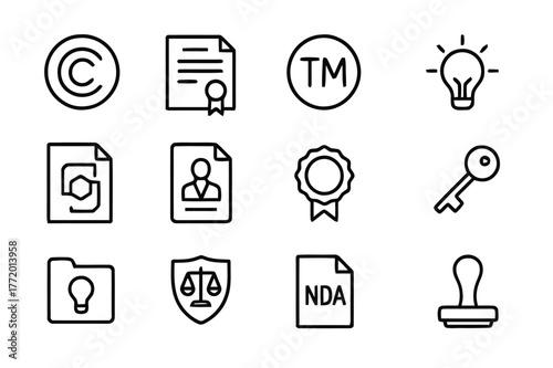 Intellectual Property Icons. Intellectual Property Law. Line icon set of Intellectual Property Law: copyright symbol, patent document, trademark badge, idea