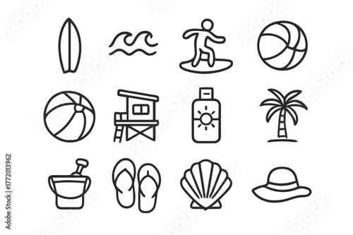 Beach Icons Grid. Beach lifestyle. Line icon set of beach lifestyle: surfboard, waves, surfer, volleyball, beach ball, lifeguard tower, sunscreen bottle, palm