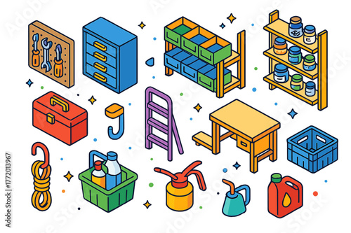 Colorful Garage Icons. Garage and workshop storage. Colorful isometric vector icons set of Garage and workshop storage: tool pegboard, drawers cabinet, storage