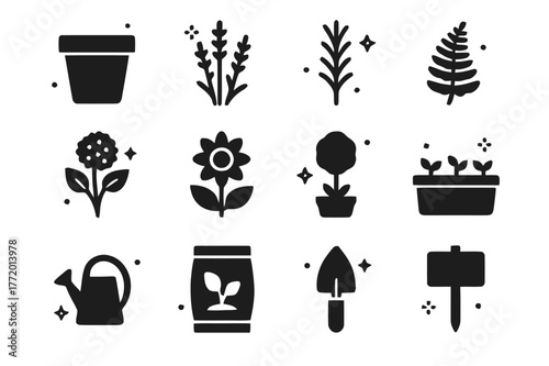 Porch Plant Icons. Porch Plants. Solid icons set of Porch Plants: terracotta pot, lavender, rosemary, fern, hydrangea, sunflower, topiary, planter box,