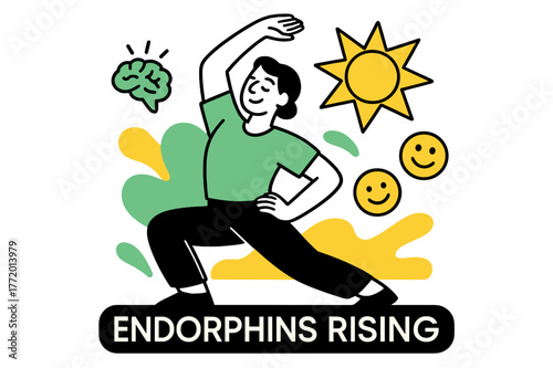 Mental Wellness Boost. Mental Wellness Boost. A person stretches in sunlight, floating icons show brain sparks and smile glyphs. ?Endorphins Rising? glows in