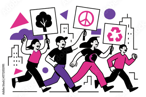 Environmental Protest March. Environmental Protests. Marchers carrying banners through city streets with floating abstract geometric shapes and environmental