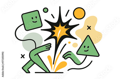 Energetic Geometric Spark. Catalyst. Abstract spark igniting change with floating geometric shapes and glowing accents, representing energy and transformation.