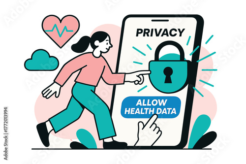 Healthcare Data Consent. Cybersecurity for healthcare devices ? Privacy consent screen. A user taps ?ALLOW HEALTH DATA? on a stylized phone while a digital