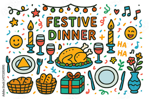 Festive Dinner Celebration. Festive dinner. Colorful Hand-drawn doodle Children illustration Festive dinner table, turkey, candles, wine glasses, confetti,