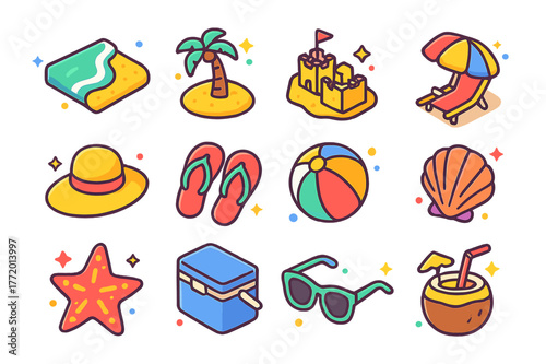 Beach Icon Delight. Beach scenery. Colorful isometric vector icons set of beach scenery: shoreline, palm tree, sandcastle, umbrella chair, sun hat, flip-flops,