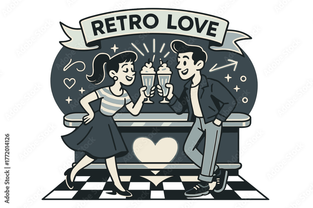 Obraz premium Retro Milkshake Romance. Retro couple. A stylish pair clink milkshakes under neon glow; ?Retro love? loops on a ribbon above a chrome counter. Their shadows