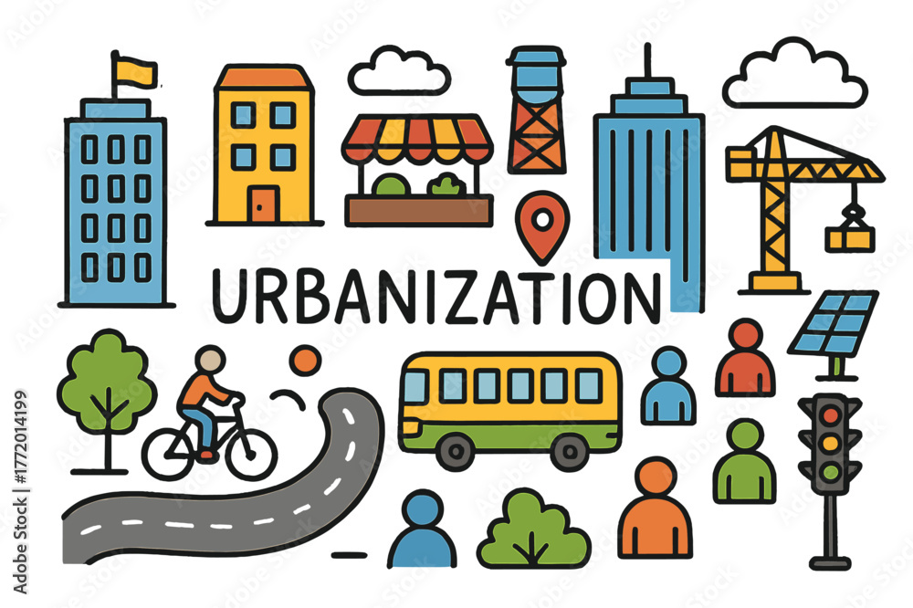 Obraz premium Colorful Urban Doodle. Urbanization. Colorful Hand-drawn doodle Children illustration Urbanization skyline, apartment block, bus, bicycle, street market, water